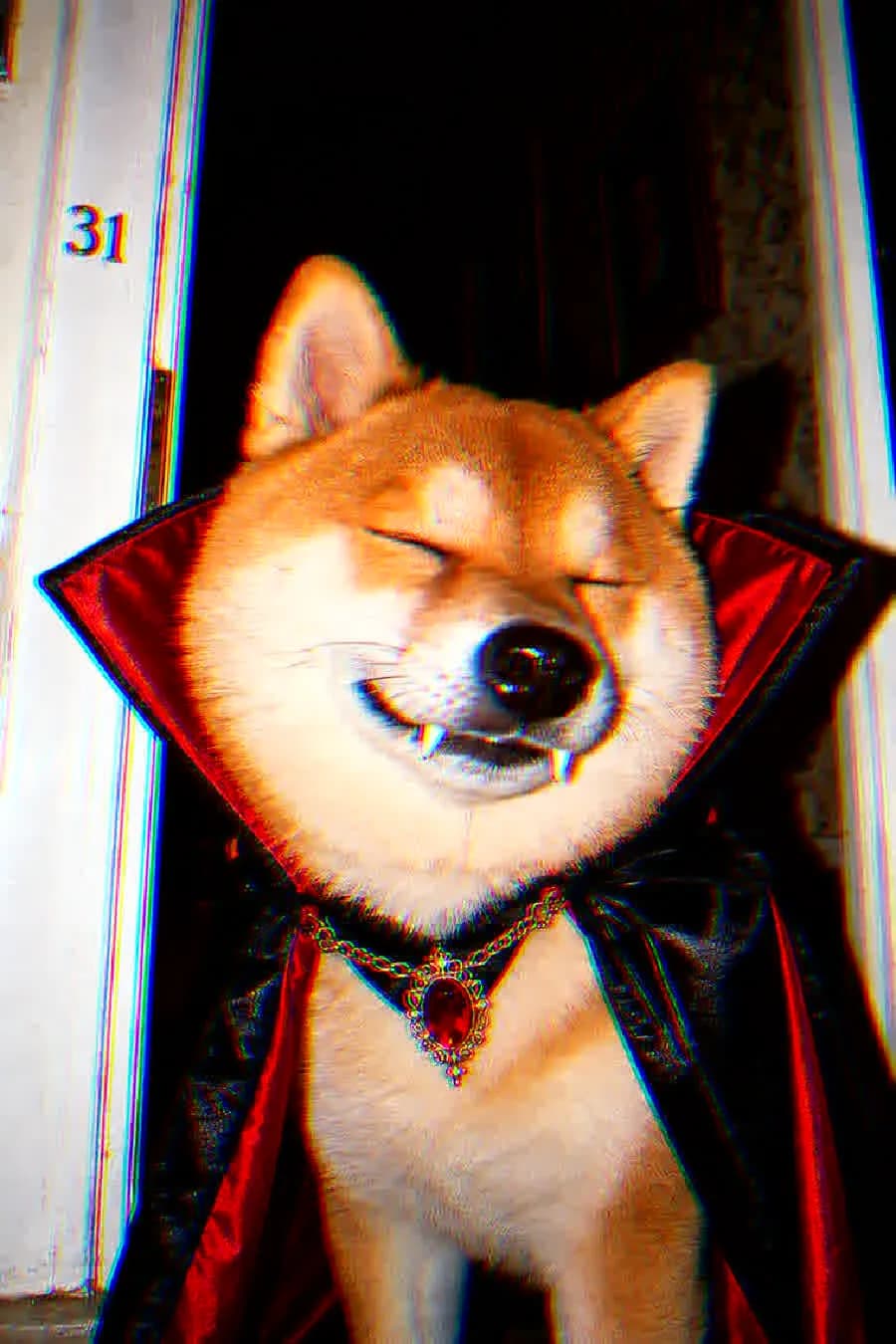 HallowInu squeezing its eyes shut and grinning in a doorway at night.