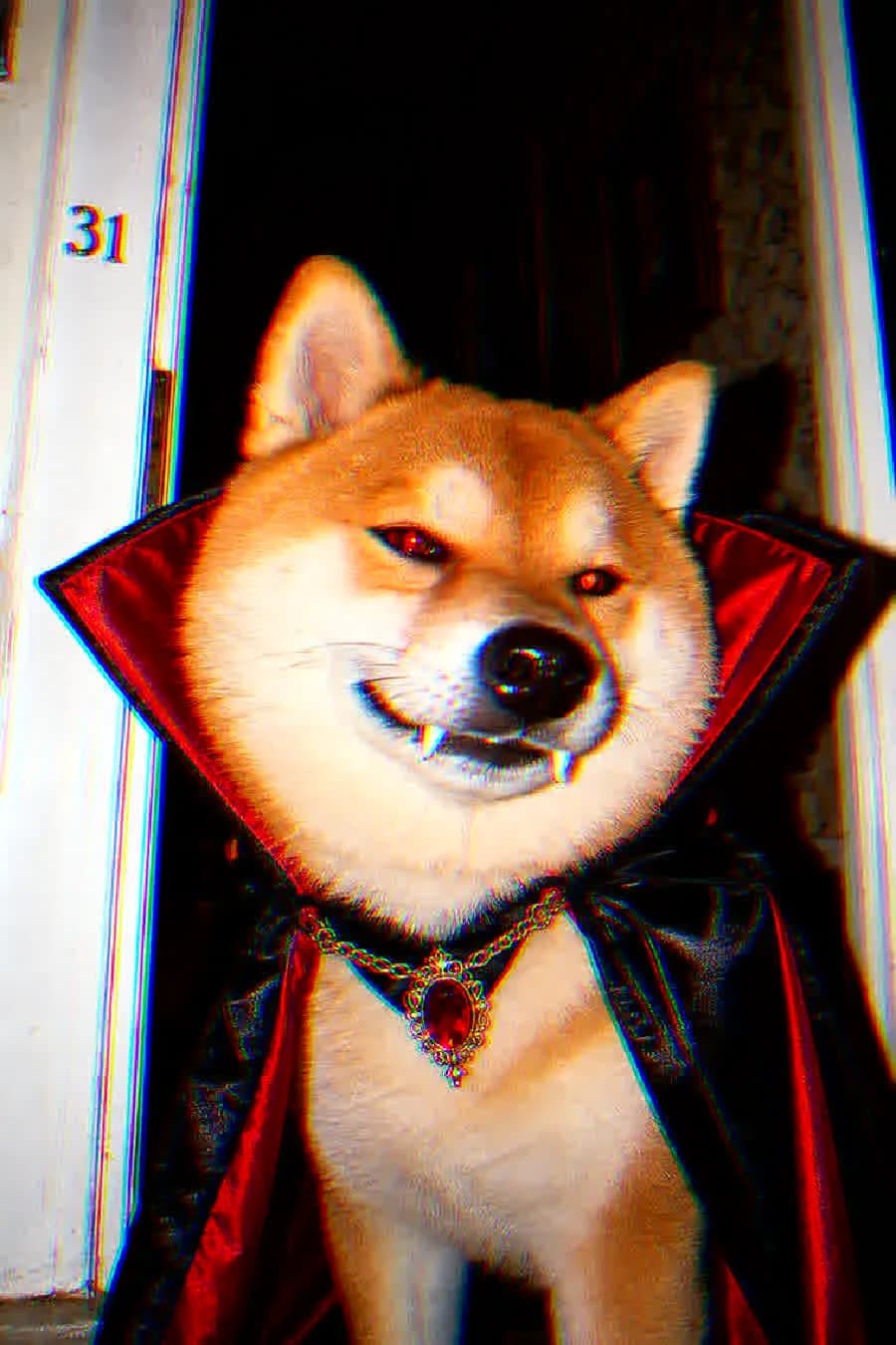 HallowInu, a Shiba Inu in a vampire cape, smirking with fangs in a flash-lit doorway.